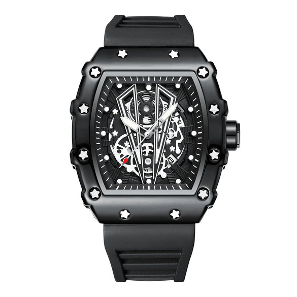 Men's Hollow Quartz Watch Alloy Case Silicone Strap Rectangle Dial Leisure Style