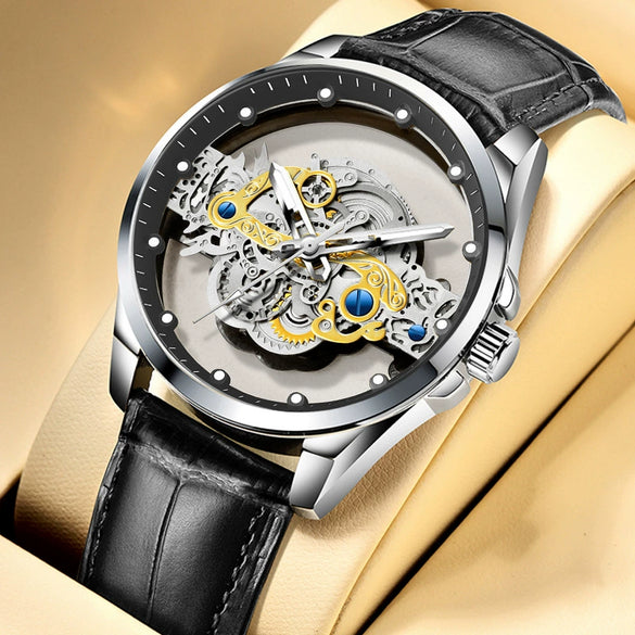 Men's Hollow Transparent Automatic Watch Alloy Stainless Steel Round Waterproof Luminous Leisure Style
