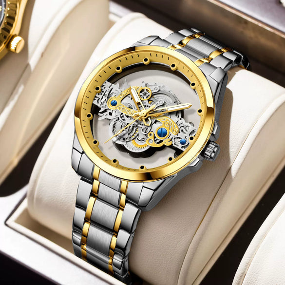 Men's Hollow Transparent Automatic Watch Alloy Stainless Steel Round Waterproof Luminous Leisure Style
