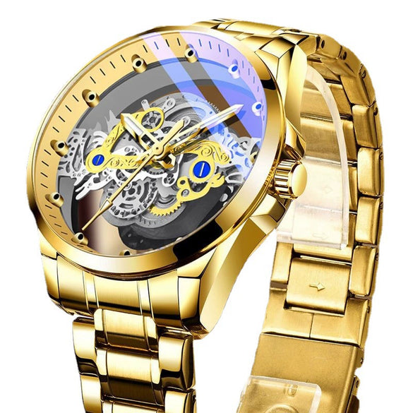 Men's Hollow Transparent Automatic Watch Alloy Stainless Steel Round Waterproof Luminous Leisure Style