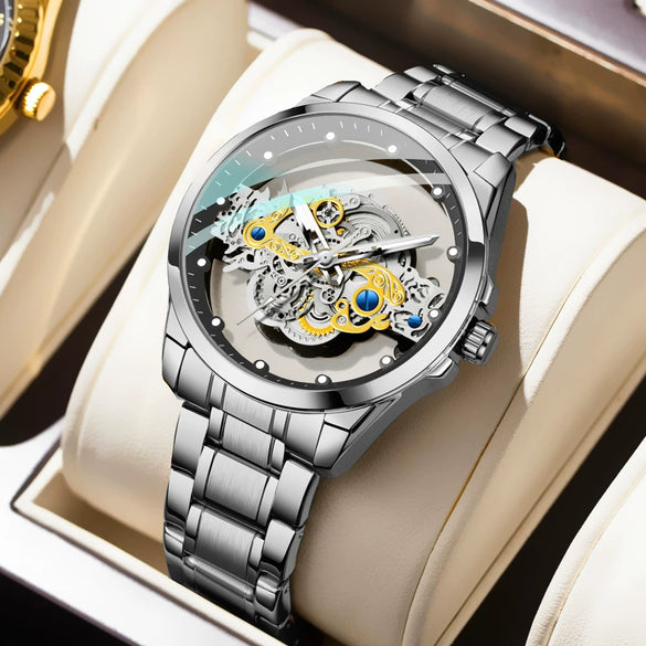 Men's Hollow Transparent Automatic Watch Alloy Stainless Steel Round Waterproof Luminous Leisure Style