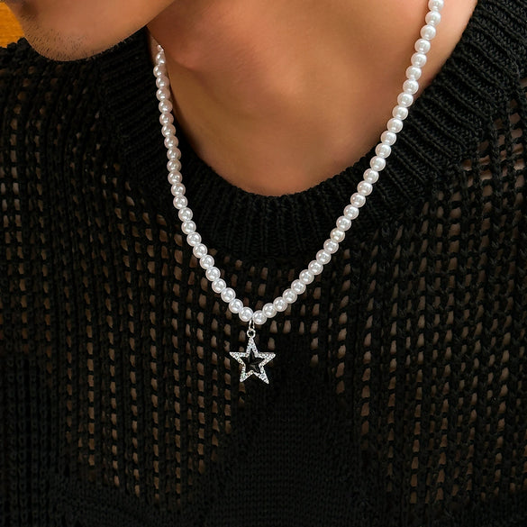 Men's Jewelry Alloy Imitation Pearl Pearl Chain Handmade Geometric Fivepointed Star Necklace