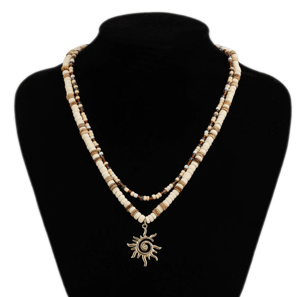 Men's Jewelry Beaded Necklace With Alloy Sun Pendant Geometric Pattern Handmade Coconut Shell Rice Beads
