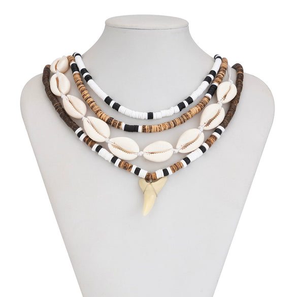 Men's Jewelry Coconut Beaded Shell Necklace With Shark Tooth Pendant Acrylic Polymer Clay Handmade