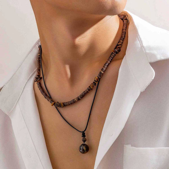 Men's Jewelry Coconut Shell Turquoise Leather Wax Thread Wood Mixed Gem Inlay Geometric Handmade Necklace Set