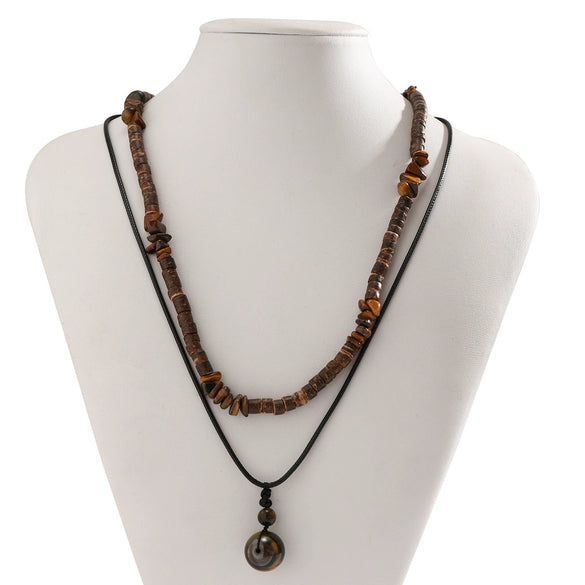 Men's Jewelry Coconut Shell Turquoise Leather Wax Thread Wood Mixed Gem Inlay Geometric Handmade Necklace Set