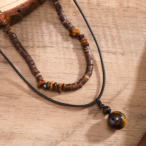 Men's Jewelry Coconut Shell Turquoise Leather Wax Thread Wood Mixed Gem Inlay Geometric Handmade Necklace Set