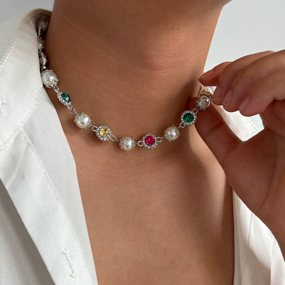 Men's Jewelry Handmade Imitation Pearl And Alloy Diamondencrusted Geometric Necklace