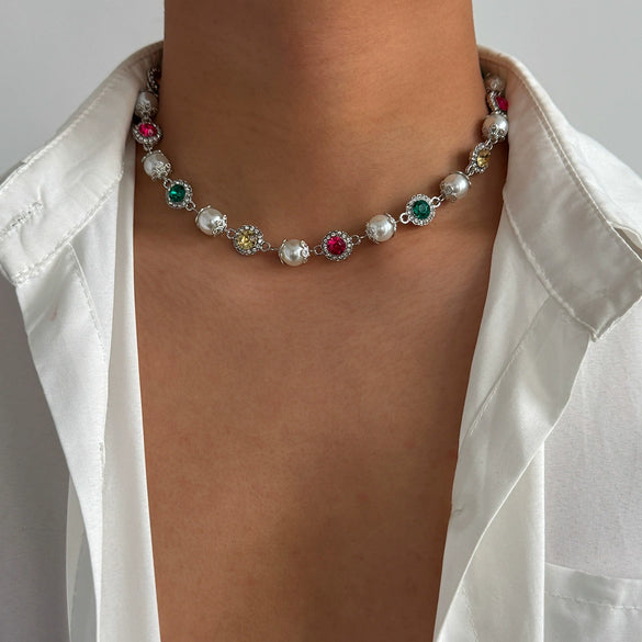 Men's Jewelry Handmade Imitation Pearl And Alloy Diamondencrusted Geometric Necklace