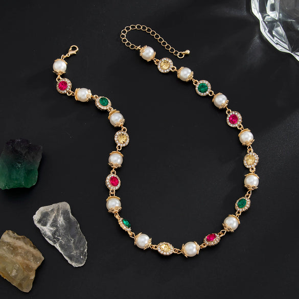 Men's Jewelry Handmade Imitation Pearl And Alloy Diamondencrusted Geometric Necklace
