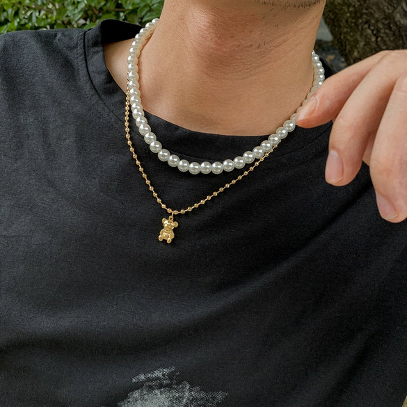 Men's Jewelry Pearl Alloy Bear Animals Zodiac Ball Chain Necklace