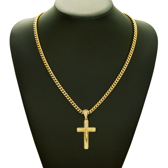 Men's Jewelry Retro Minimalist Copper Cross Pendant Necklace With Diamonds Electroplated Gold Polish