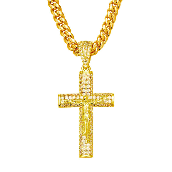 Men's Jewelry Retro Minimalist Copper Cross Pendant Necklace With Diamonds Electroplated Gold Polish