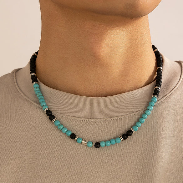 Men's Jewelry Volcanic Stone Beaded Necklace With Artificial Crystal And Alloy Handmade Geometric Design