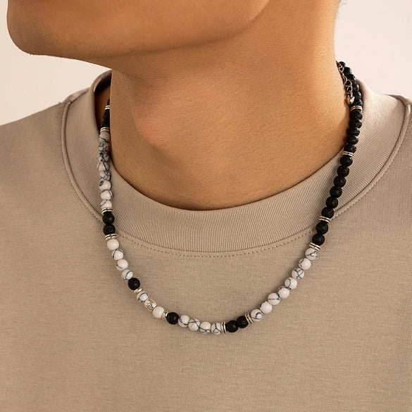 Men's Jewelry Volcanic Stone Beaded Necklace With Artificial Crystal And Alloy Handmade Geometric Design