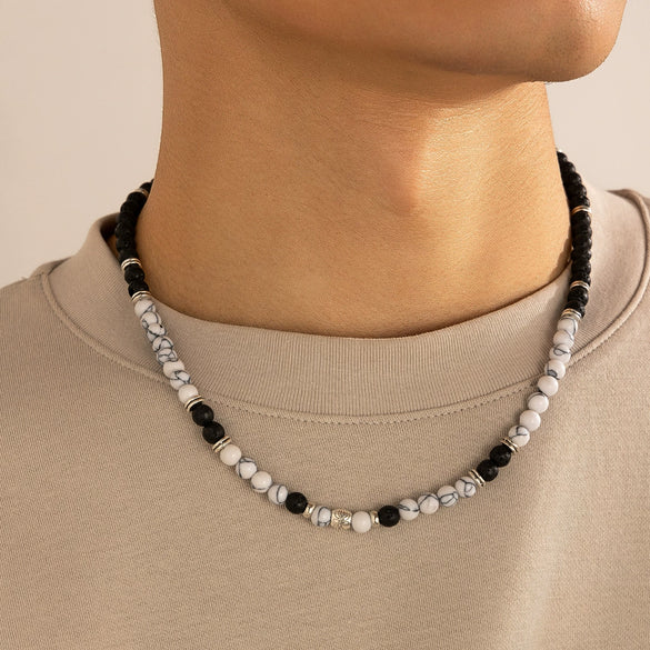 Men's Jewelry Volcanic Stone Beaded Necklace With Artificial Crystal And Alloy Handmade Geometric Design