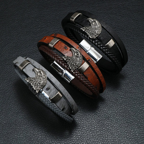 Men's Leather And Alloy Bracelet With Eagle Pattern Braided Rope Design Magnetic Buckle Electroplated
