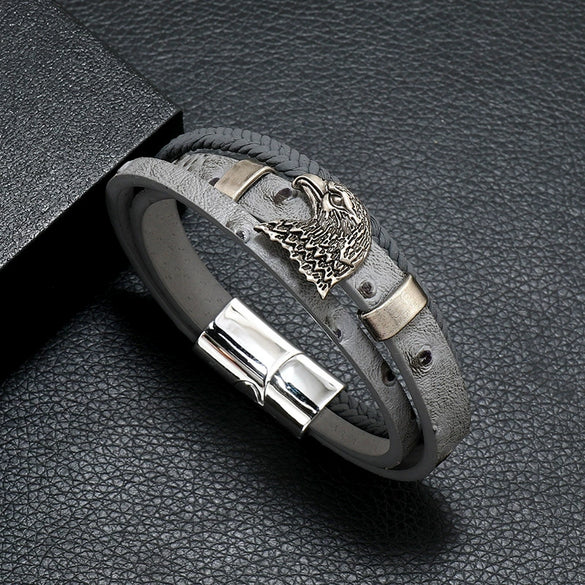 Men's Leather And Alloy Bracelet With Eagle Pattern Braided Rope Design Magnetic Buckle Electroplated