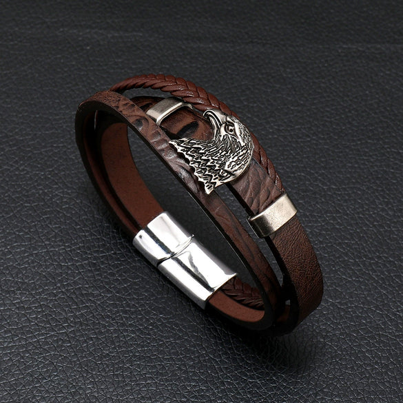 Men's Leather And Alloy Bracelet With Eagle Pattern Braided Rope Design Magnetic Buckle Electroplated