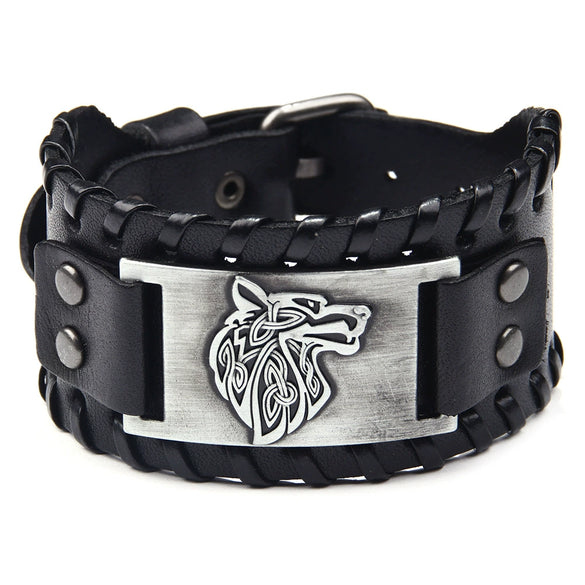 Men's Leather Bracelet With Wolf Head Alloy Accessories Handmade Animals Zodiac Style