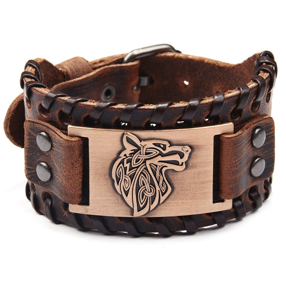 Men's Leather Bracelet With Wolf Head Alloy Accessories Handmade Animals Zodiac Style