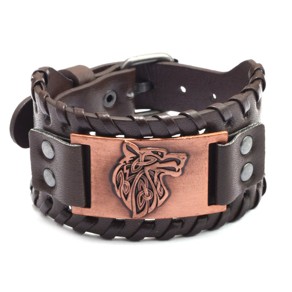 Men's Leather Bracelet With Wolf Head Alloy Accessories Handmade Animals Zodiac Style