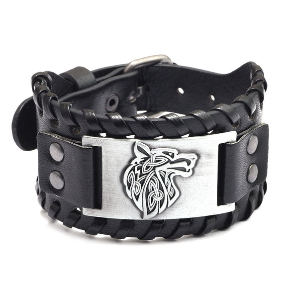 Men's Leather Bracelet With Wolf Head Alloy Accessories Handmade Animals Zodiac Style