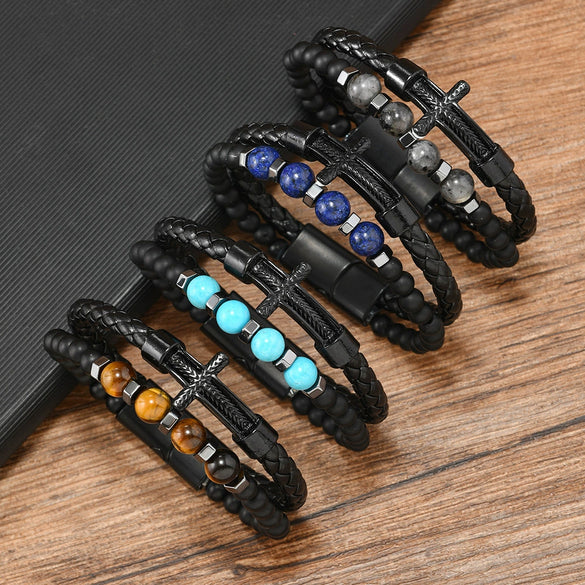 Men's Leather Braided Punk Style Bracelet With Zinc Alloy And Natural Stone Beads And Cross Geometric Pattern