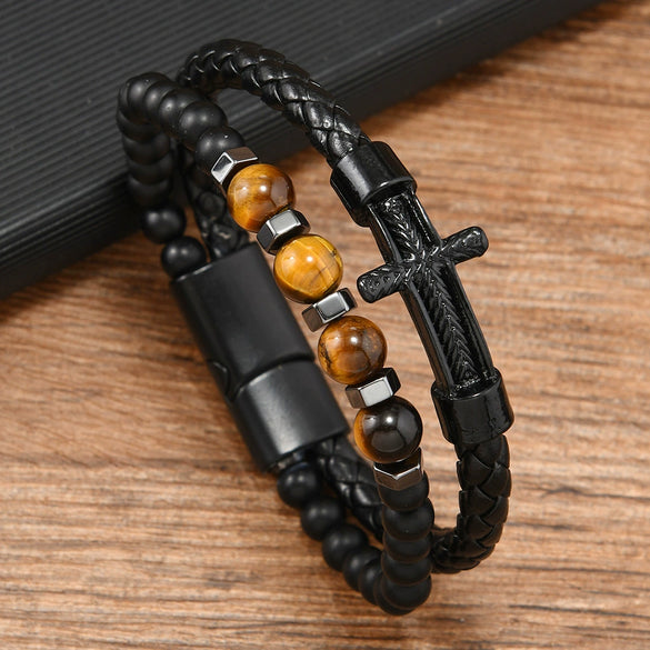 Men's Leather Braided Punk Style Bracelet With Zinc Alloy And Natural Stone Beads And Cross Geometric Pattern