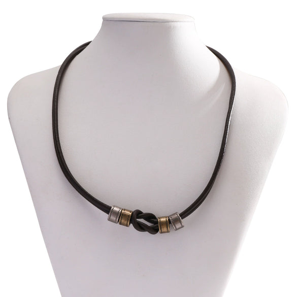 Men's Leather Geometric Knotted Ring Necklace Handmade Alloy Pendant Regular Chain Hip Hop Niche High Grade Beaded Clavicle Chain Accessories