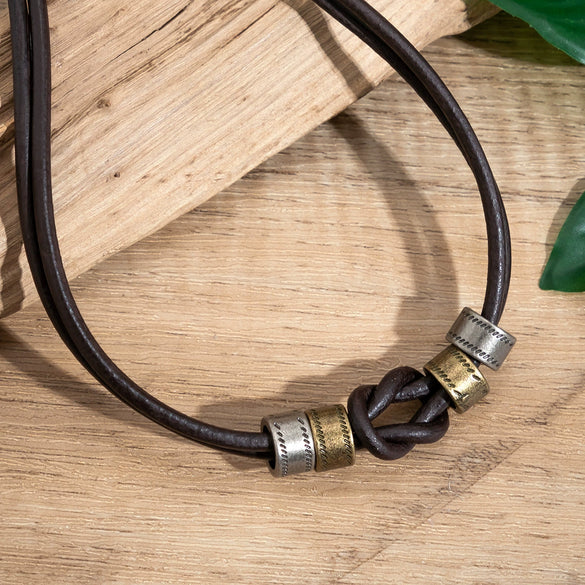 Men's Leather Geometric Knotted Ring Necklace Handmade Alloy Pendant Regular Chain Hip Hop Niche High Grade Beaded Clavicle Chain Accessories