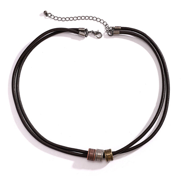 Men's Leather Geometric Knotted Ring Necklace Handmade Alloy Pendant Regular Chain Hip Hop Niche High Grade Beaded Clavicle Chain Accessories