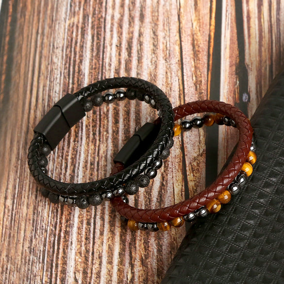 Men's Leather Handmade Multilayer Braided Magnetic Material Geometric Electroplated Bracelet