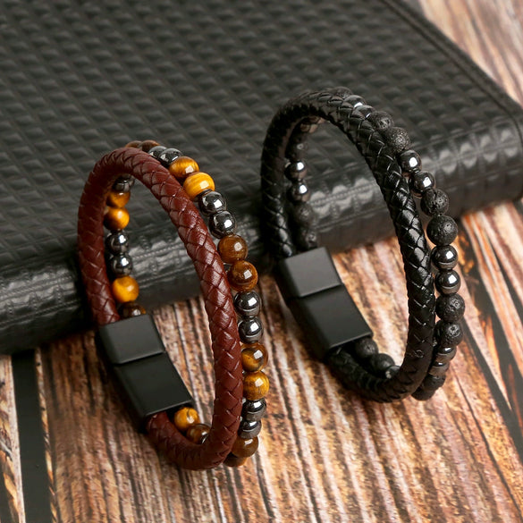 Men's Leather Handmade Multilayer Braided Magnetic Material Geometric Electroplated Bracelet