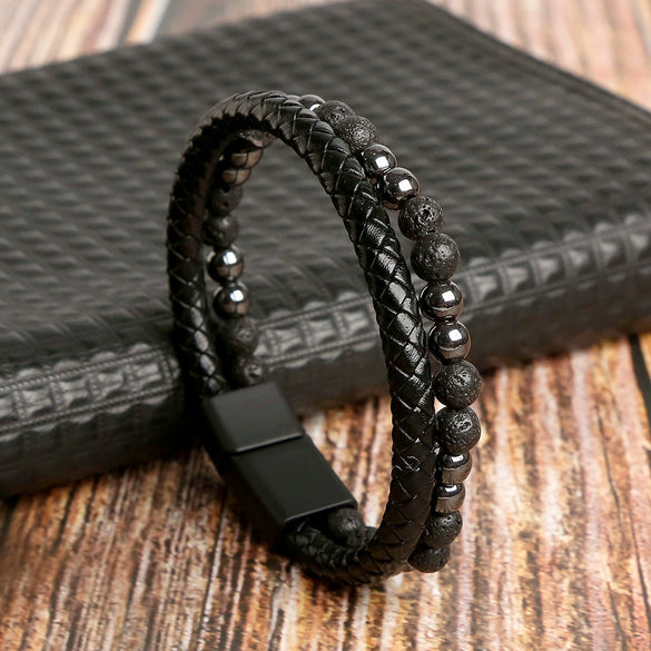 Men's Leather Handmade Multilayer Braided Magnetic Material Geometric Electroplated Bracelet
