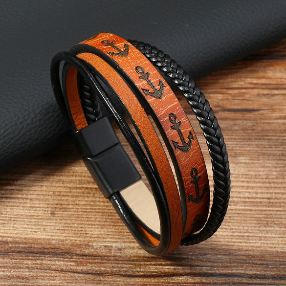 Men's Leather Ship Anchor Bracelet Handwoven Geometric Simple Style