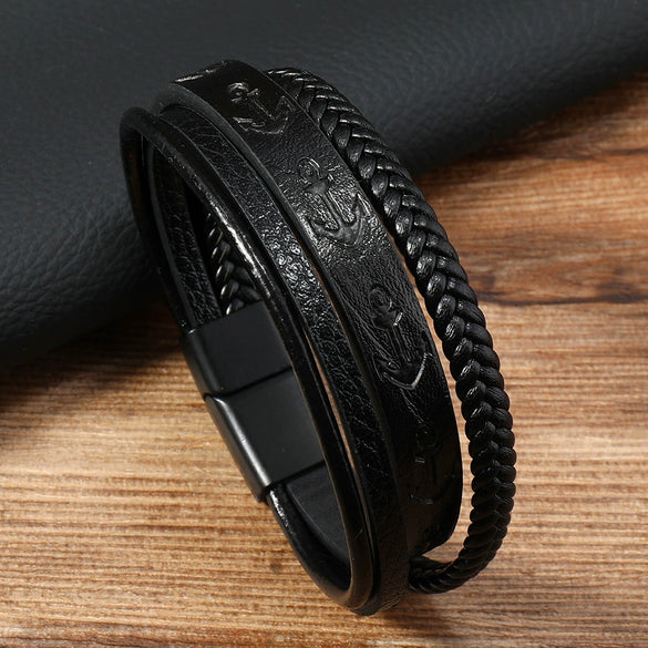 Men's Leather Ship Anchor Bracelet Handwoven Geometric Simple Style