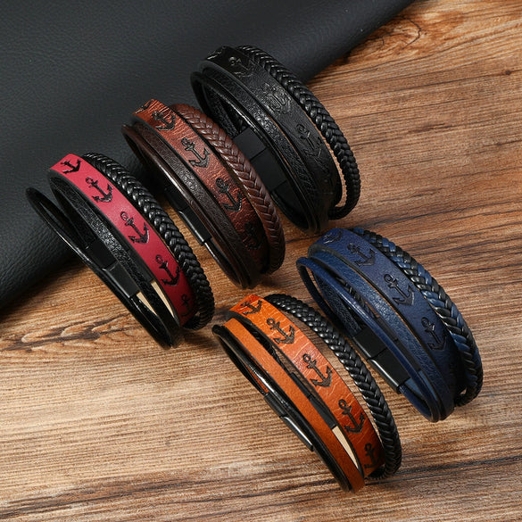Men's Leather Ship Anchor Bracelet Handwoven Geometric Simple Style
