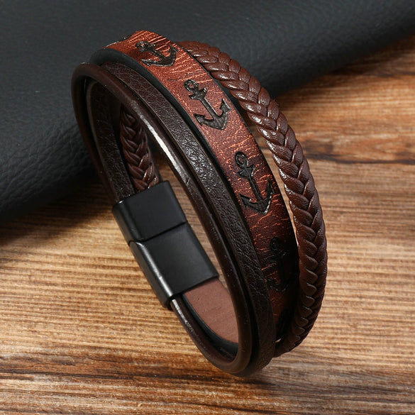 Men's Leather Ship Anchor Bracelet Handwoven Geometric Simple Style