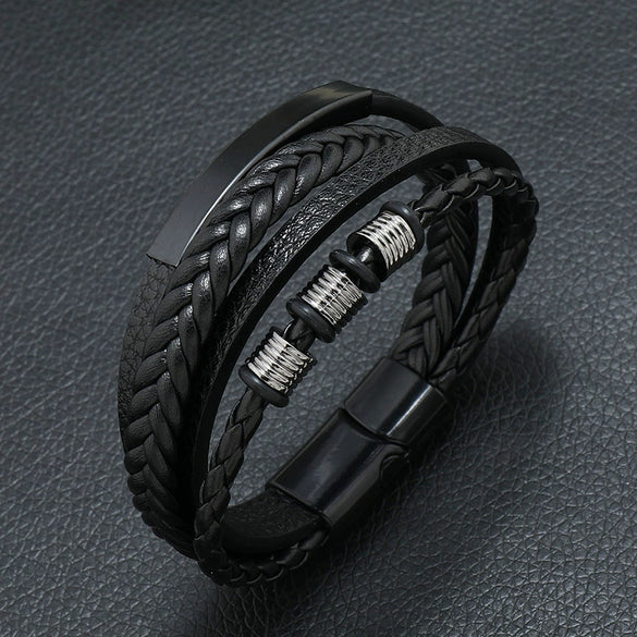 Men's Leather Woven Bracelet With Alloy Magnet Buckle Retro Geometric Handmade Style
