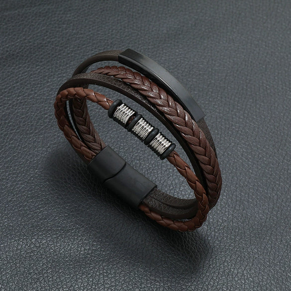 Men's Leather Woven Bracelet With Alloy Magnet Buckle Retro Geometric Handmade Style