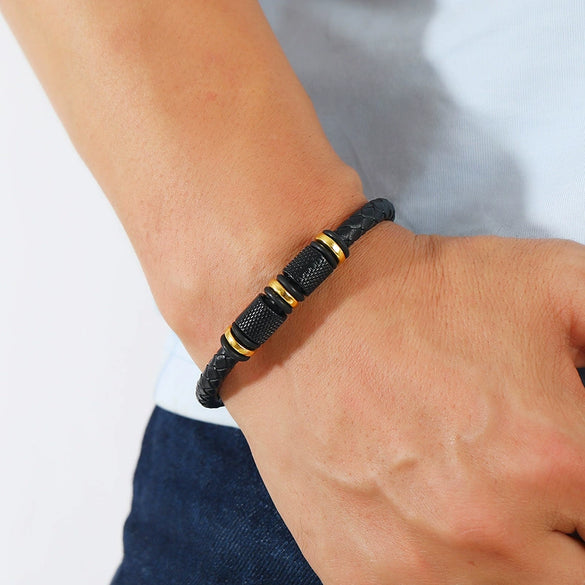 Men's Leather Woven Bracelet With Alloy Magnet Buckle