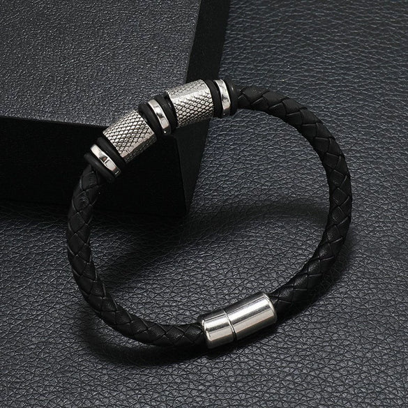 Men's Leather Woven Bracelet With Alloy Magnet Buckle