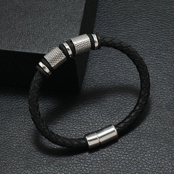 Men's Leather Woven Bracelet With Alloy Magnet Buckle