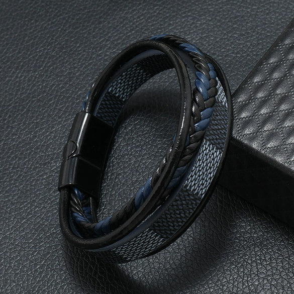Men's Leather Woven Punk Style Handmade Bracelet With Striped Alloy Magnet Buckle