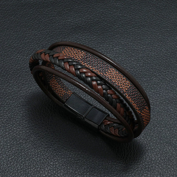 Men's Leather Woven Punk Style Handmade Bracelet With Striped Alloy Magnet Buckle