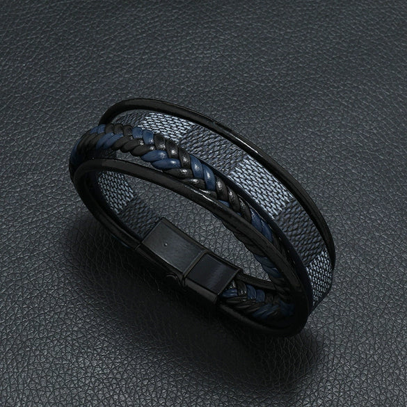 Men's Leather Woven Punk Style Handmade Bracelet With Striped Alloy Magnet Buckle