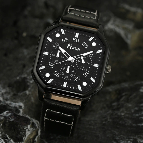 Men's Leisure Alloy And Imitation Leather Square Dial Quartz Watch Bracelet Set