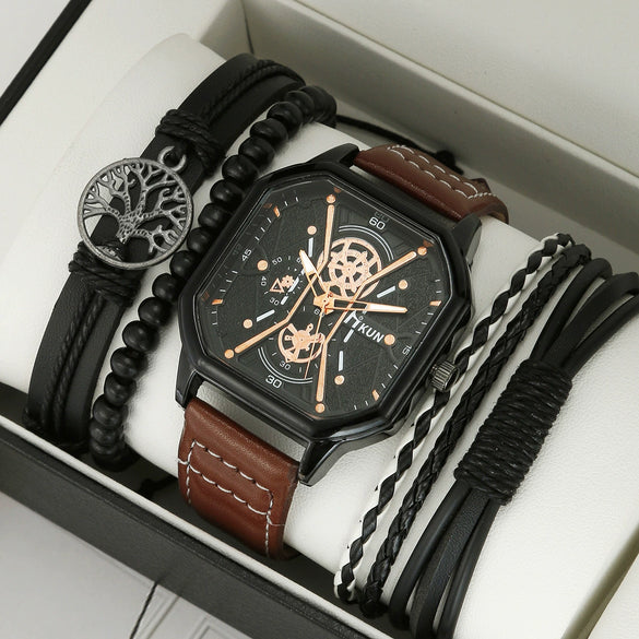 Men's Leisure Alloy And Imitation Leather Square Dial Quartz Watch Bracelet Set