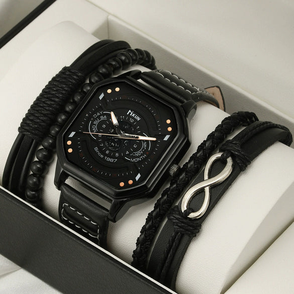 Men's Leisure Alloy And Imitation Leather Square Dial Quartz Watch Bracelet Set